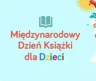 Ilustracja przedstawiająca czerwony napis Międzynarodowy Dzień Książki dla Dzieci na niebieskim tle